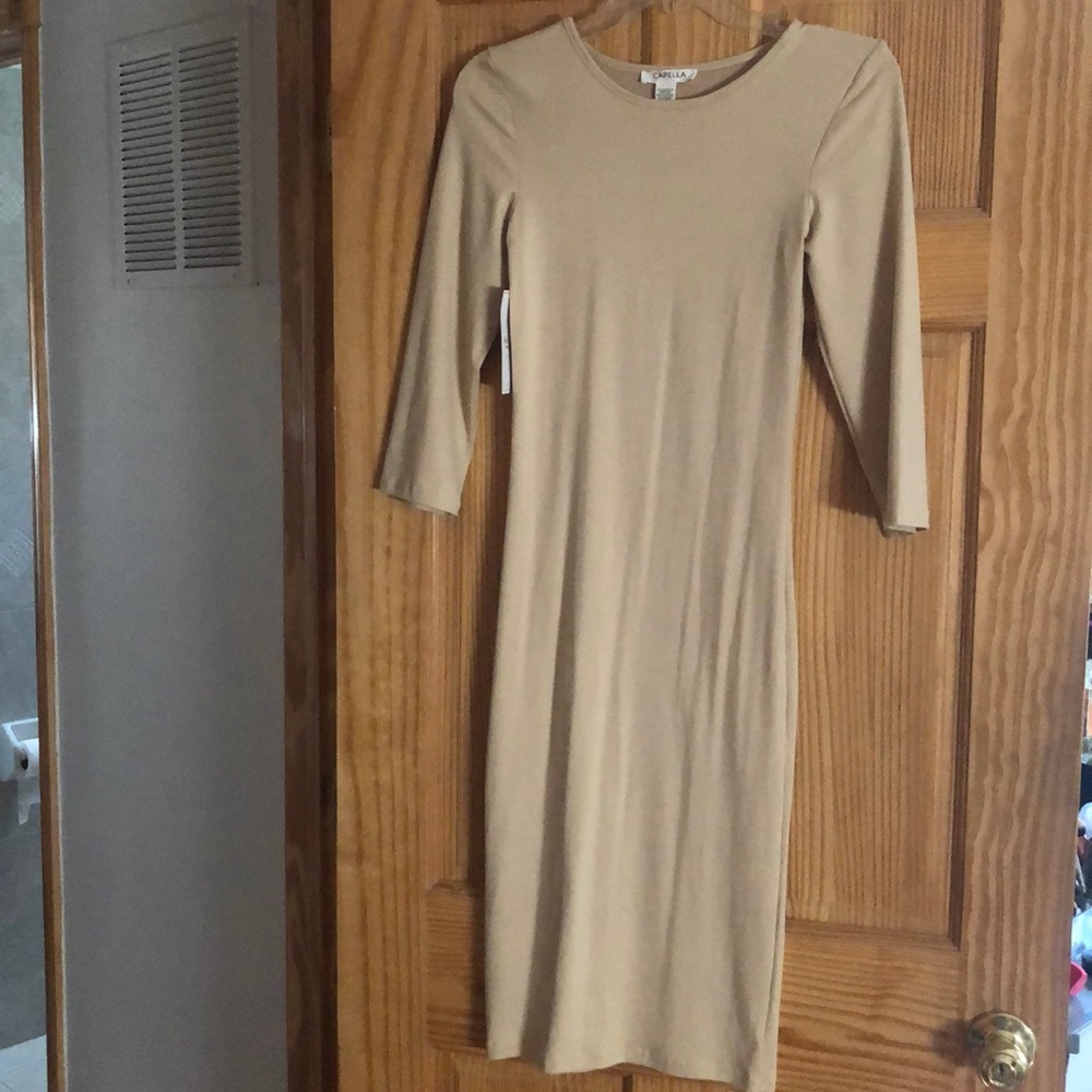 Midi three quarter sleeve length dress-beige cream